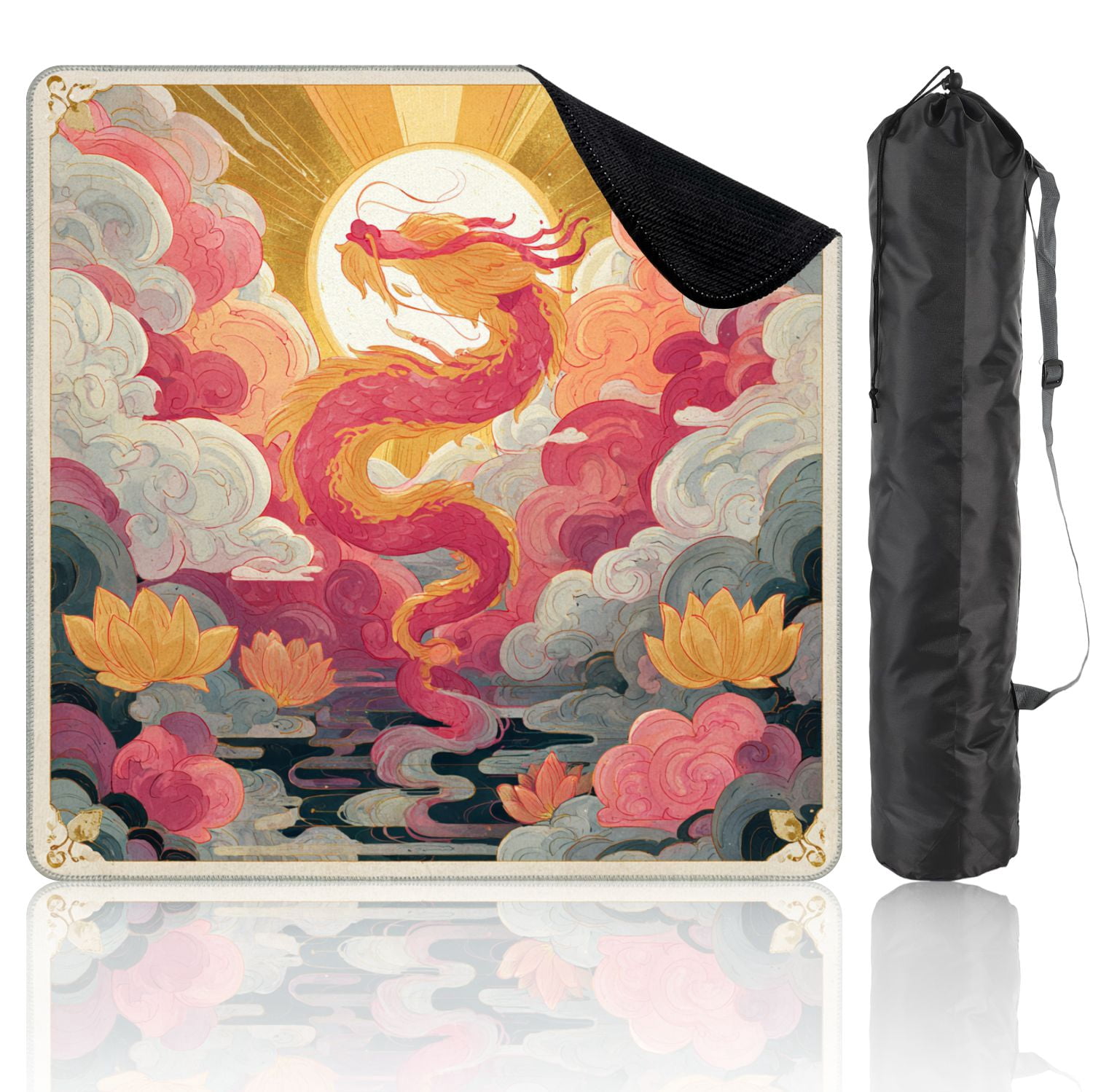 Chinoiserie Mahjong Mat 31.5" x 31.5" Magical Gold Pink Dragon Non-Slip Noise Reduction Mahjong Tiles Table Cover for Dominoes Poker Card Board and Tile Games