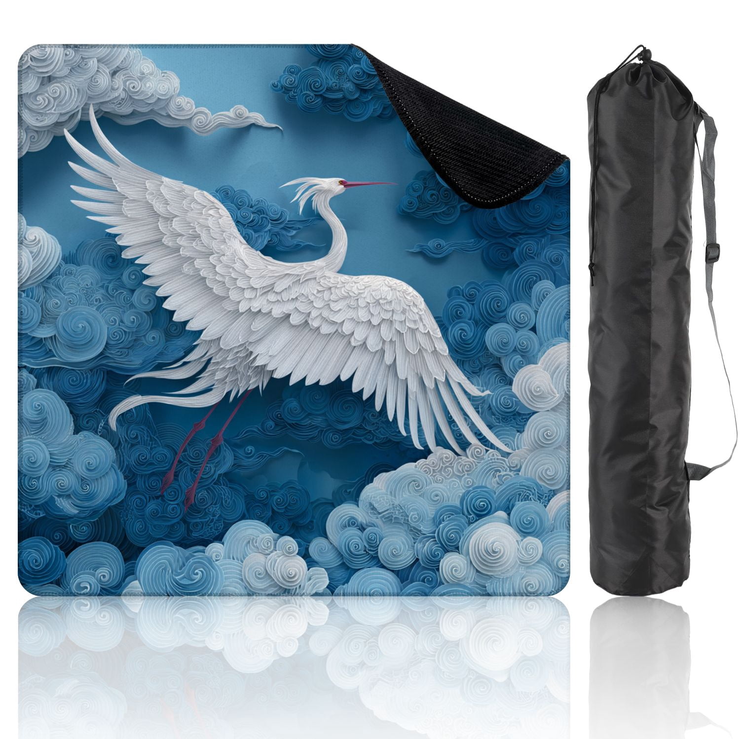 Chinoiserie Mahjong Mat 31.5" x 31.5" Majestic Crane Amidst Serene Clouds Blue Sky Non-Slip Noise Reduction Mahjong Tiles Table Cover for Dominoes Poker Card Board and Tile Games