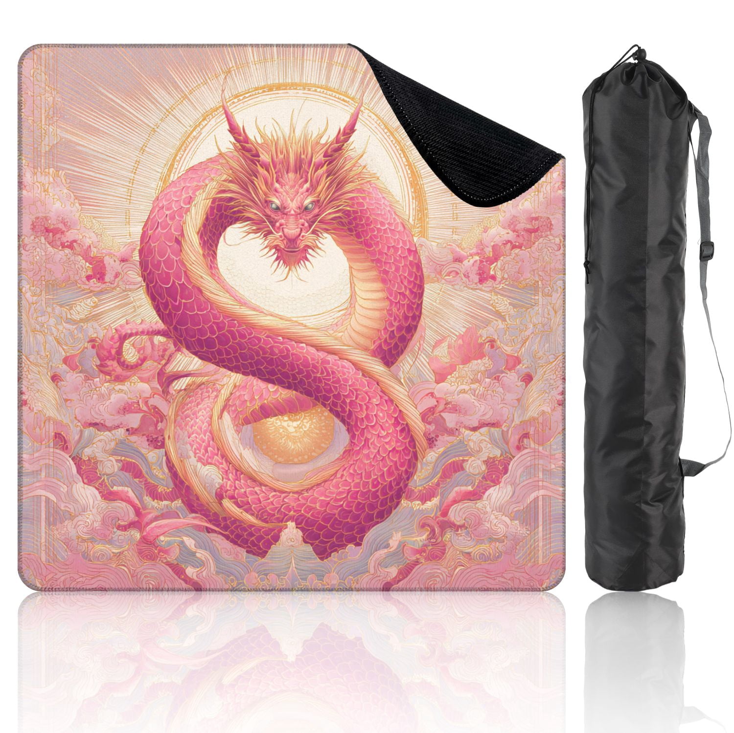 Chinoiserie Mahjong Mat 31.5" x 31.5" Regal Chinese Dragon Pink Gold Scales Clouds Non-Slip Noise Reduction Mahjong Tiles Table Cover for Dominoes Poker Card Board and Tile Games