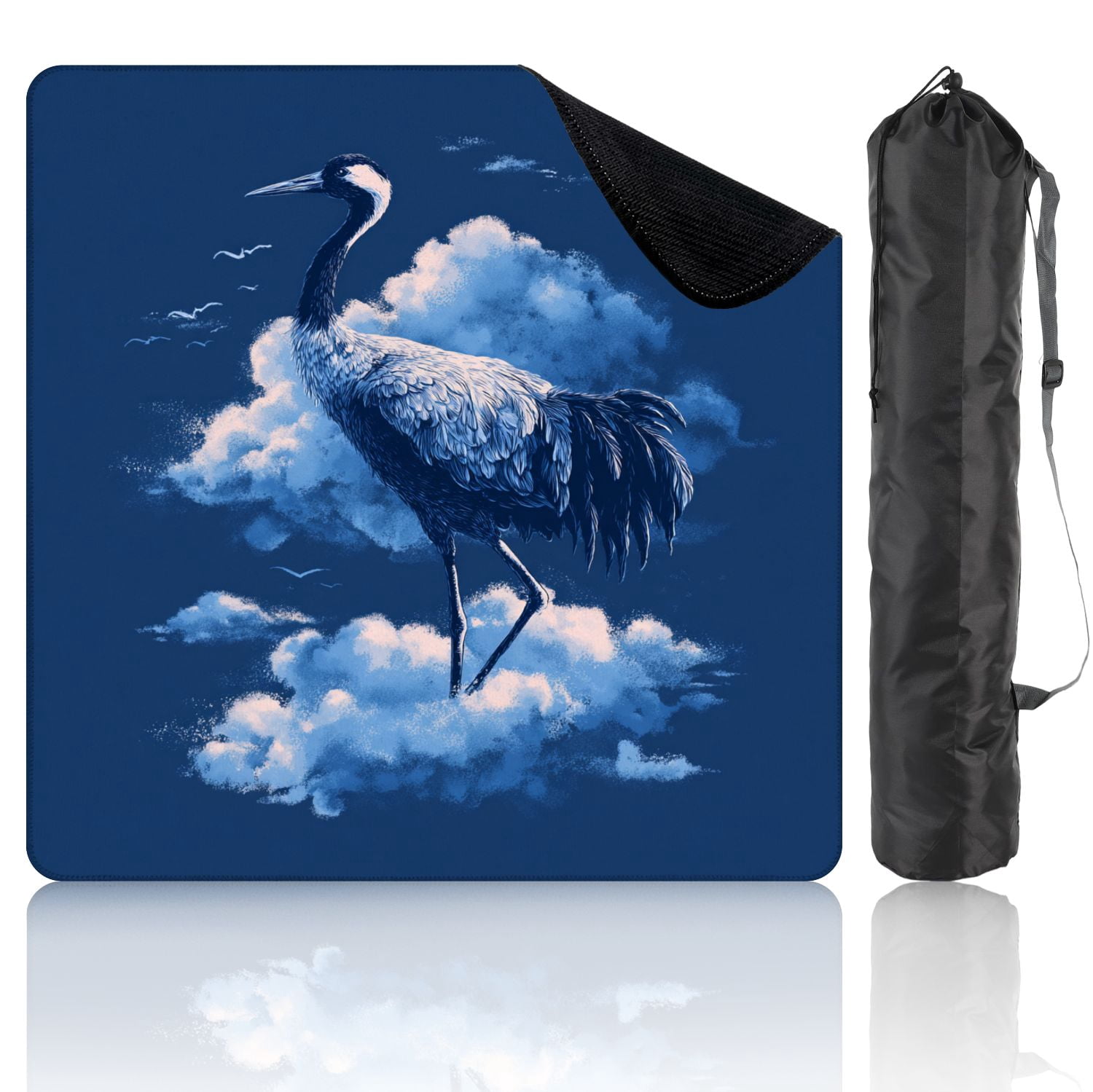 Chinoiserie Mahjong Mat 31.5" x 31.5" Serene Crane Cloud Deep Blue Gradient Non-Slip Noise Reduction Mahjong Tiles Table Cover for Dominoes Poker Card Board and Tile Games