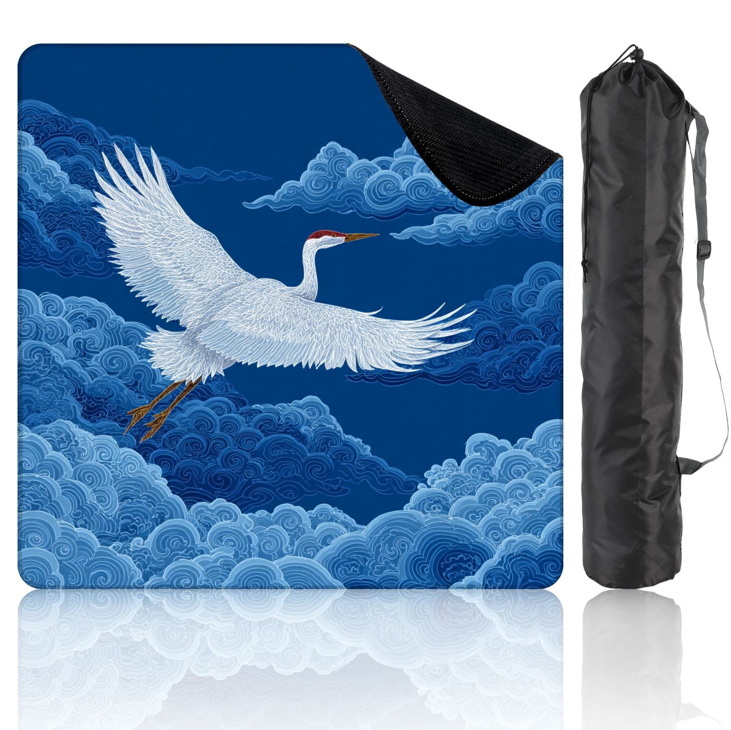 Chinoiserie Mahjong Mat 31.5" x 31.5" Symmetrical Crane Flowing Feathers Whimsical Cloud Non-Slip Noise Reduction Mahjong Tiles Table Cover for Dominoes Poker Card Board and Tile Games