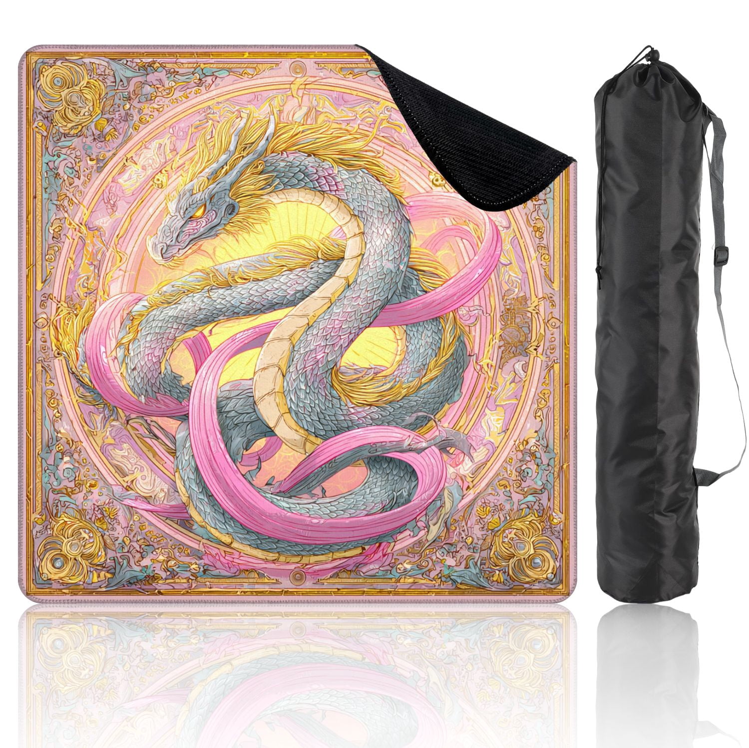 Chinoiserie Mahjong Mat 31.5" x 31.5" Symmetrical Dragon Artwork Gold Filigree Flowing Ribbons Non-Slip Noise Reduction Mahjong Tiles Table Cover for Dominoes Poker Card Board and Tile Games