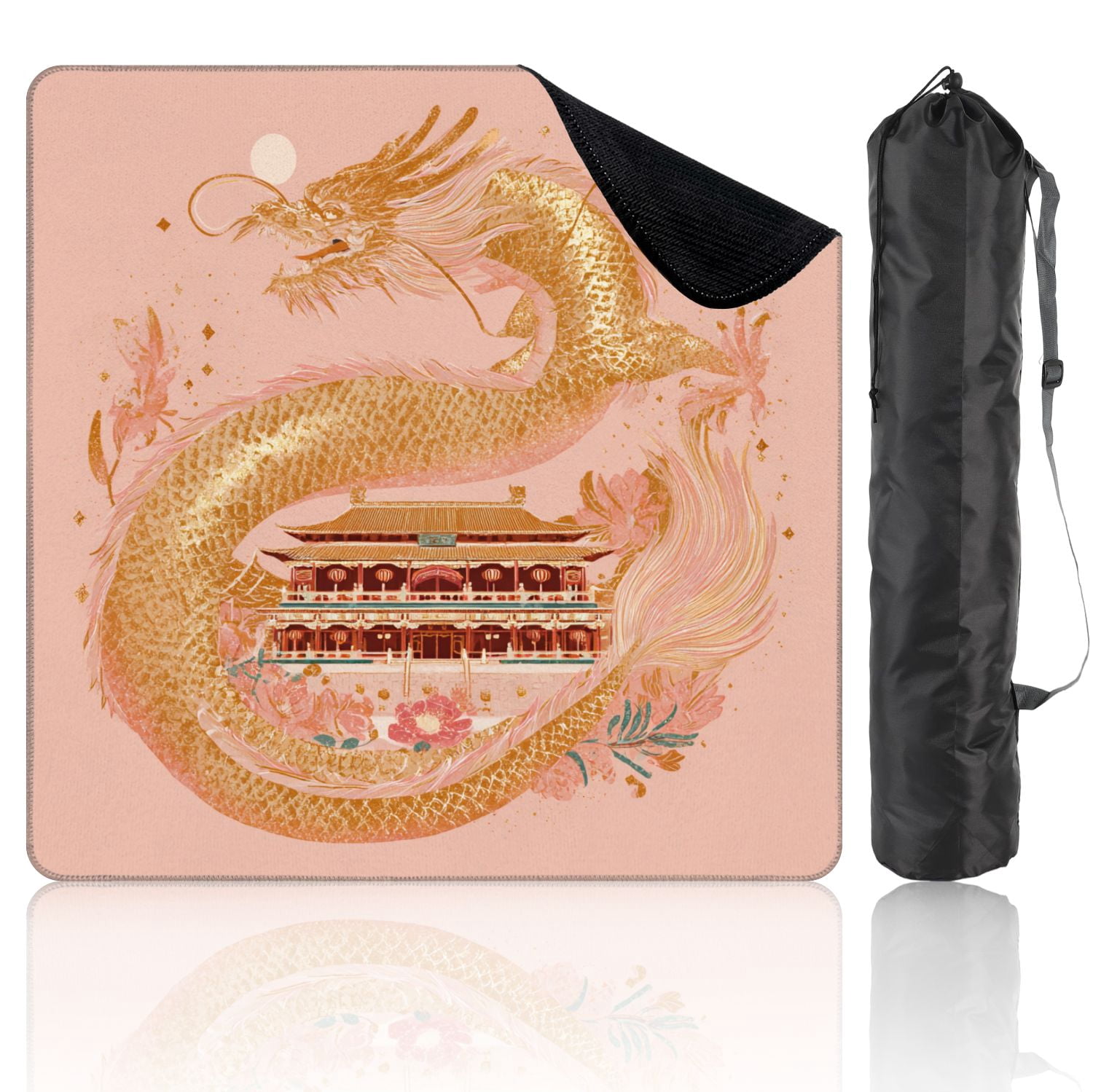 Chinoiserie Mahjong Mat 31.5" x 31.5" Traditional Chinese Temple Gold Scaled Dragon Non-Slip Noise Reduction Mahjong Tiles Table Cover for Dominoes Poker Card Board and Tile Games