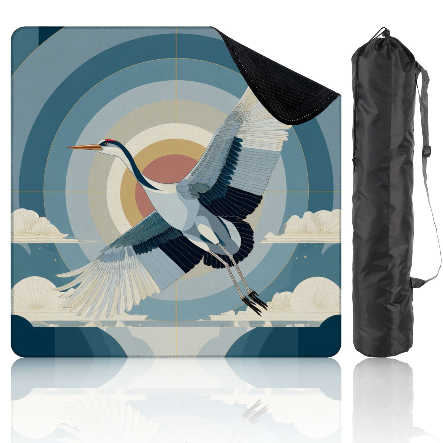 Chinoiserie Mahjong Mat 31.5" x 31.5" Uplifting Crane Amidst Circular Cloud Formations Non-Slip Noise Reduction Mahjong Tiles Table Cover for Dominoes Poker Card Board and Tile Games