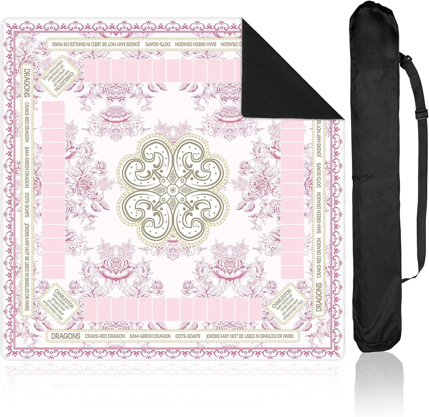 Chinoiserie Mahjong Mat with Black Carrying Bag 31.5 x 31.5 Inches Multi Purpose Game Table Cover Anti Slip and Noise Reduction for Mahjong Poker Board Card Dominoes Games(Pink)