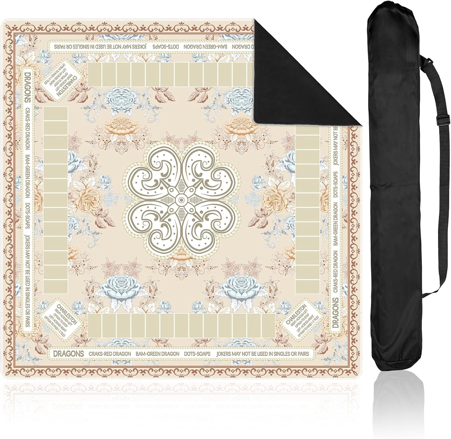 Chinoiserie Mahjong Mat with Black Carrying Bag 31.5 x 31.5 in Multi Purpose Game Table Cover Anti Slip and Noise Reduction for Mahjong Poker Board Card Dominoes Games(Beige)