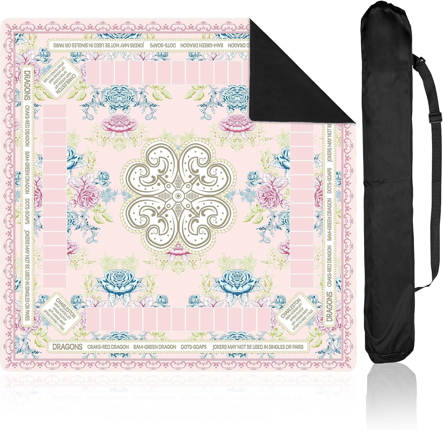 Chinoiserie Mahjong Mat with Black Carrying Bag 31.5 x 31.5 in Multi Purpose Game Table Cover Anti Slip and Noise Reduction for Mahjong Poker Board Card Dominoes Games(Pink Blue Green)