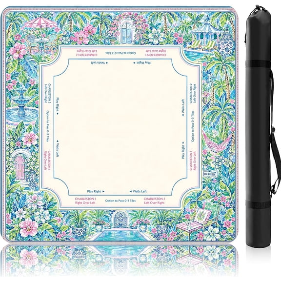 Chinoiserie Mahjong Mat for Table with Rules, 31.5x31.5 31.5''x31.5'' Tropical Floral Table Cover, Premium Soundproof Anti-Slip Rubber Pad for Dominoes, Card Games & Poker