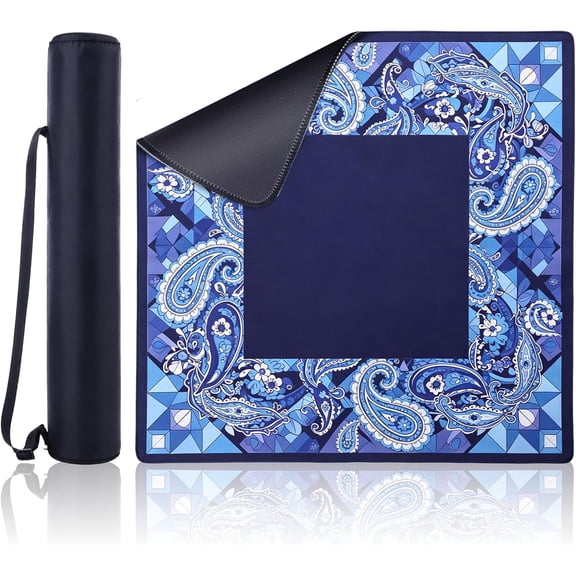Chinoiserie Mahjong Mat with (Without dice) 31.5" x 31.5" Blue Mahjong Table Mat Paisley Pattern Table Cover Non Slip Noise Reduction Gaming Cover for Card, Board Tile Games