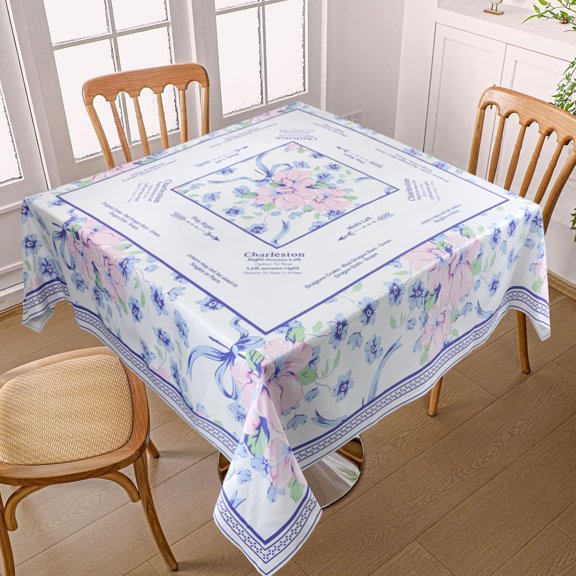 Chinoiserie Mahjong Tablecloth Mats Floral Card Table Cloth 55" x 55" Square Game Instructions for Beginner, Card, Board Tile Games Gift (Blue Pink Flowers)