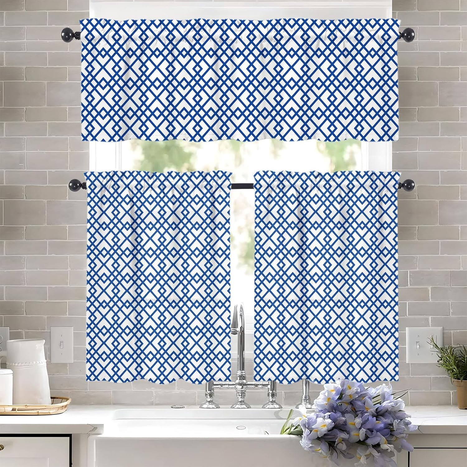 Chinoiserie Minimalist Plaid Pattern Kitchen Curtains and Valances Set ...