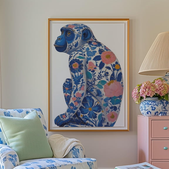 Chinoiserie Monkey Art Print Blue Floral Animal Poster