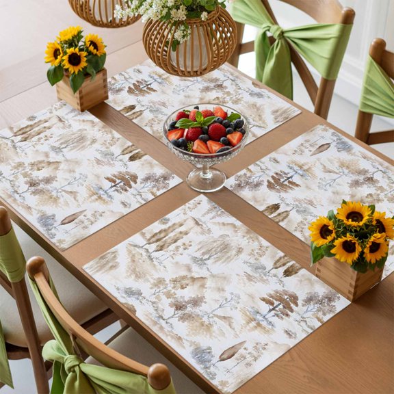 Chinoiserie Nature Landscape Placemats Set of 4,Wipeable Washable Table Mats for Dining Tables, Watercolor Mountain Willow Tree Place Mats for Kitchen Event Party Tabletop Decor
