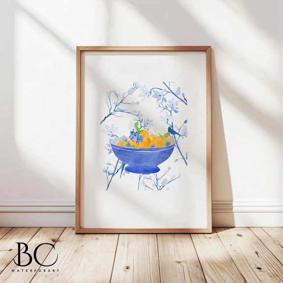 Chinoiserie Oranges And Blueberries Wall Art Print, Colorful Kitchen Decor Unframed Paper Print