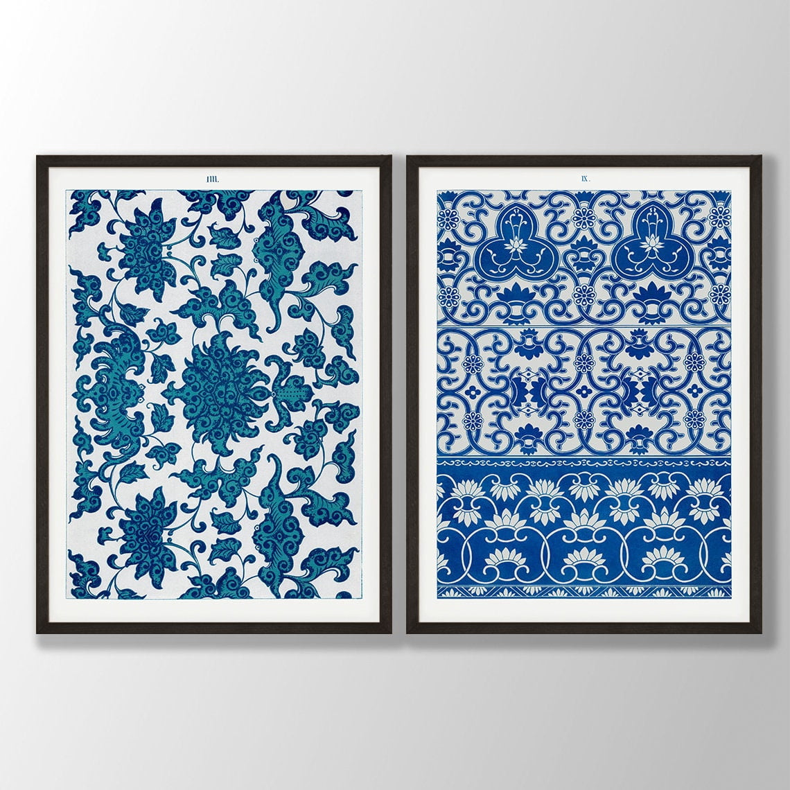 Chinoiserie Ornament Blue Floral Tile Wall Art Prints, Floral Home And