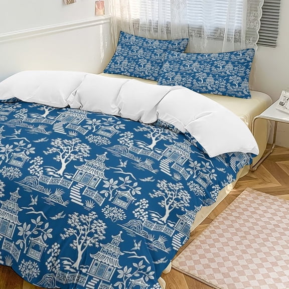 Chinoiserie Pagoda Dark Blue Duvet Cover Set Themed Multicolor Polyester Bedding Set for Bedroom Decoration