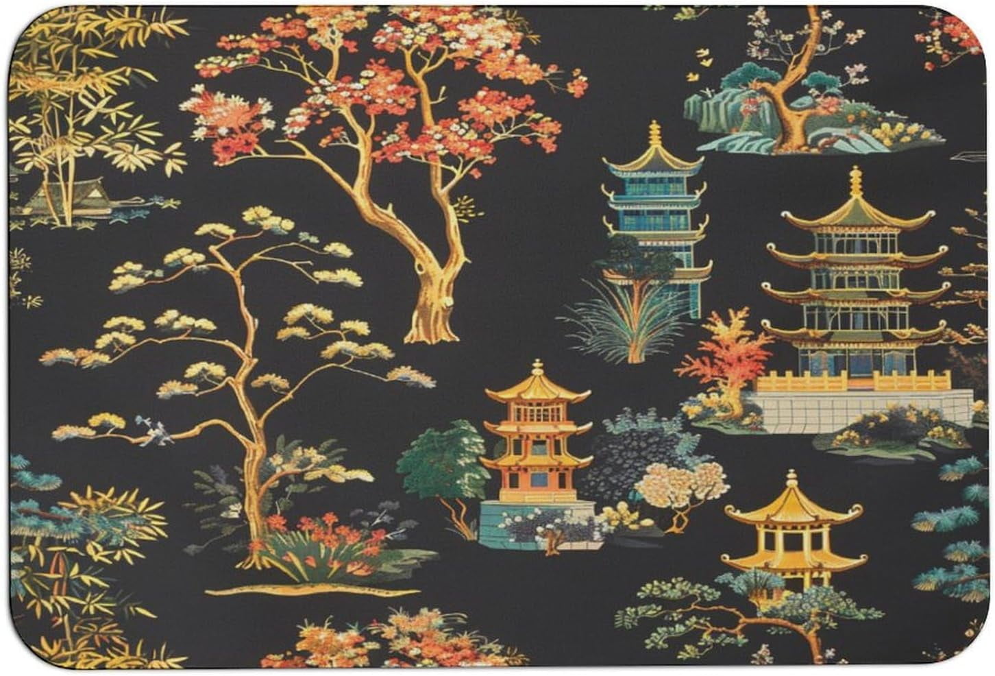 Chinoiserie Pagodas and Trees Bath Mat Rug Quick Dry Indoor Door Mat