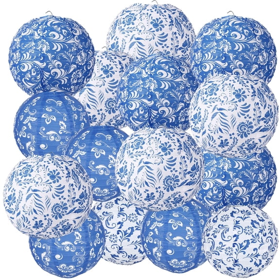 Chinoiserie Paper Lanterns Blue and White 15 Pc Set 10In 8In Home Party Decor