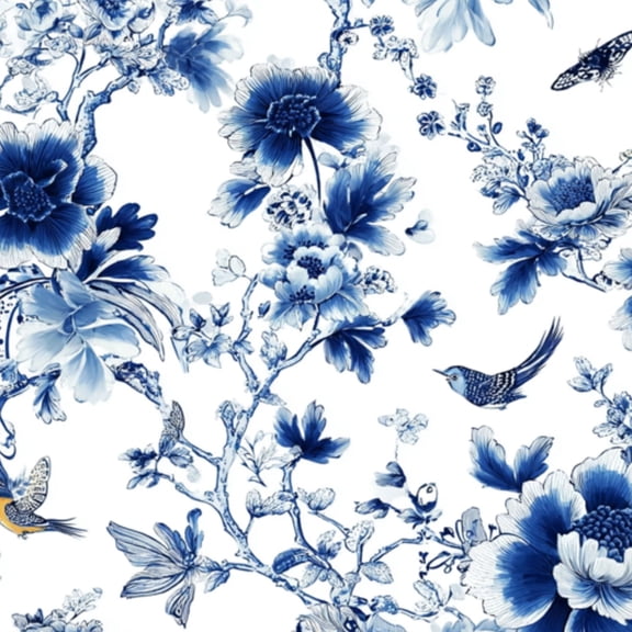Chinoiserie Peel and Stick Wallpaper 17.7in x 9.8ft Blue Floral Bird Detailed Blooms Delicate Birds Contact Paper Vinyl Waterproof Self Adhesive Wall Paper for Bedroom Shelf Cabinet Renter Friendly