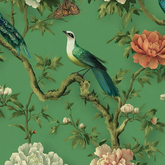 Chinoiserie Peel and Stick Wallpaper 23.6in x 9.8ft Elegant Birds Floral Peonies Butterflies Green Contact Paper Vinyl Waterproof Self Adhesive Wall Paper for Bedroom Shelf Cabinet Renter Friendly