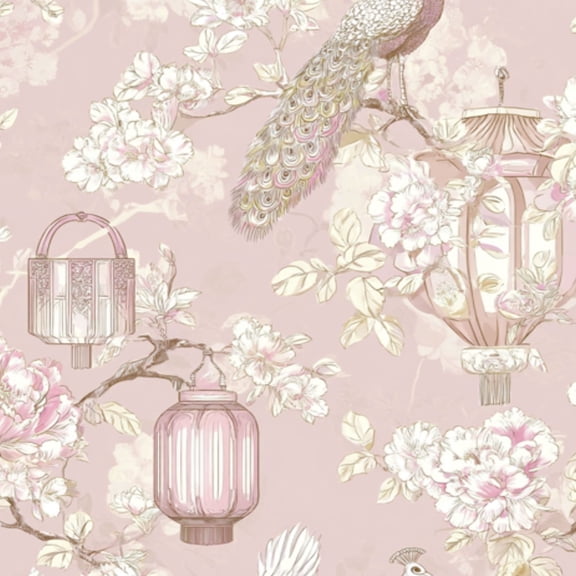 Chinoiserie Peel and Stick Wallpaper 23.6in x 9.8ft Elegant Pink Floral Design Peacocks Blossoms Contact Paper Vinyl Waterproof Self Adhesive Wall Paper for Bedroom Shelf Cabinet Renter Friendly