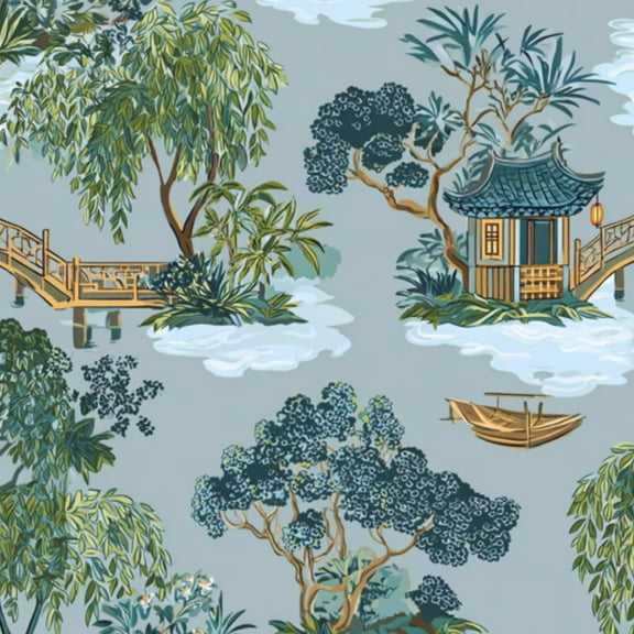 Chinoiserie Peel and Stick Wallpaper 23.6in x 9.8ft Landscape Pagoda Bridge Boat Cloudy Contact Paper Vinyl Waterproof Self Adhesive Wall Paper for Bedroom Shelf Cabinet Renter Friendly