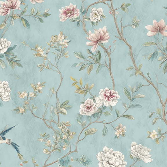 Chinoiserie Peel and Stick Wallpaper 23.6in x 9.8ft Vintage Floral Birds Light Blue Contact Paper Vinyl Waterproof Self Adhesive Wall Paper for Bedroom Shelf Cabinet Renter Friendly