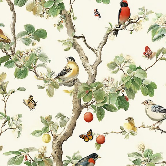 Chinoiserie Peel and Stick Wallpaper Birds Tree Branches Vintage Botanical Butterflies Floral Wall Mural 17.7in x 9.8ft Self Adhesive Removable Wall Paper Renter Friendly Wallpaper for Bedroom