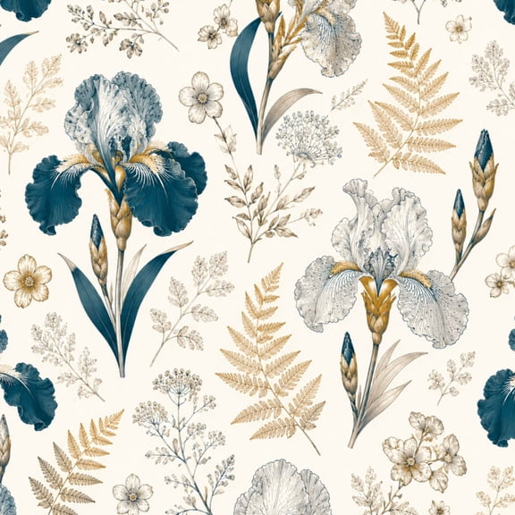 Chinoiserie Peel and Stick Wallpaper Blue Iris Flower Botanical Ferns Delicate Floral Sketches Vintage 17.7in x 9.8ft Self Adhesive Removable Wall Paper for Dining Room Mahjong Game Room