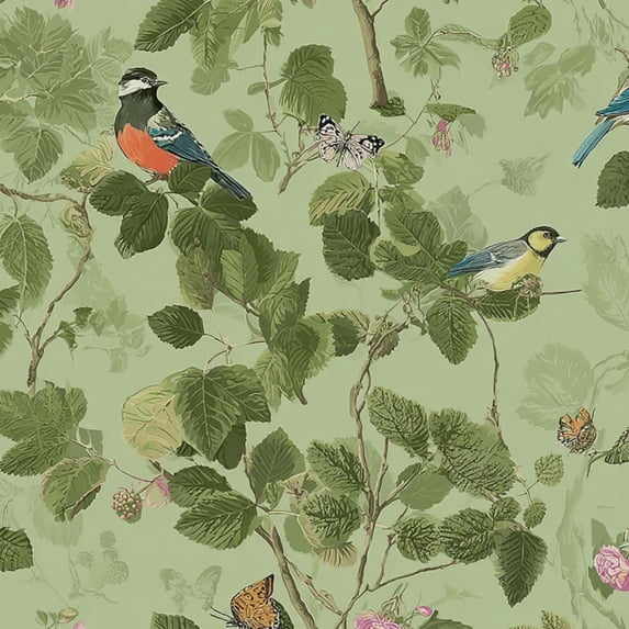 Chinoiserie Peel and Stick Wallpaper Botanical Birds Butterflies Green Leaves Flowers Wall Mural 23.6in x 9.8ft Self Adhesive Removable Wall Paper Floral Contact Paper for Bedroom Cabinet Locker
