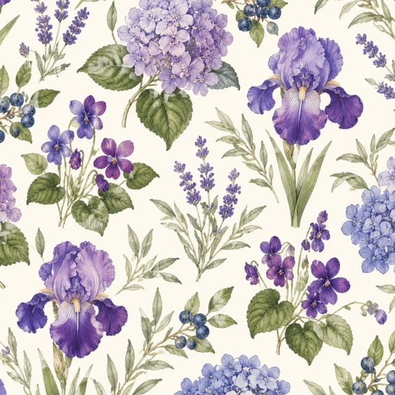 Chinoiserie Peel and Stick Wallpaper Botanical Purple Flowers Hydrangeas Green Leaves Cream Wall Mural 17.7in x 9.8ft Self Adhesive Removable Wall Paper for Dining Room Mahjong Game Room