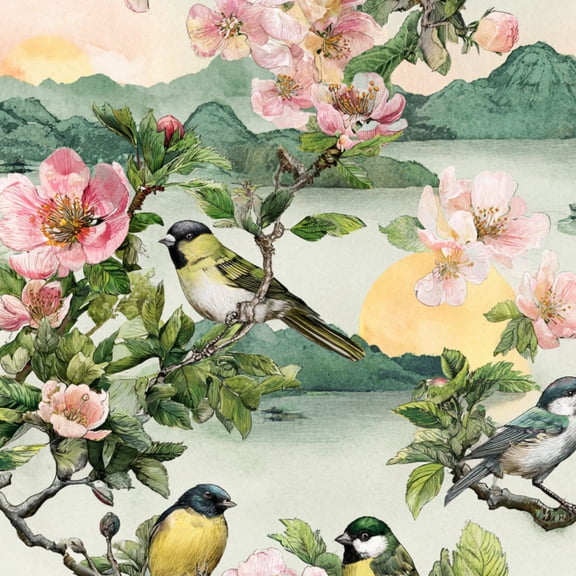 Chinoiserie Peel and Stick Wallpaper Chinoiserie Botanical Painting Birds Cherry Blossoms Wall Paper 17.7in x 9.8ft Self Adhesive Removable Renter Friendly Wallpaper for Bedroom Cabinets