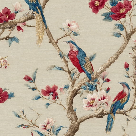 Chinoiserie Peel and Stick Wallpaper Colorful Birds Blooming Cherry Tree Canvas Decor Wall Paper 17.7in x 9.8ft Self Adhesive Removable Renter Friendly Wallpaper for Bedroom Cabinets