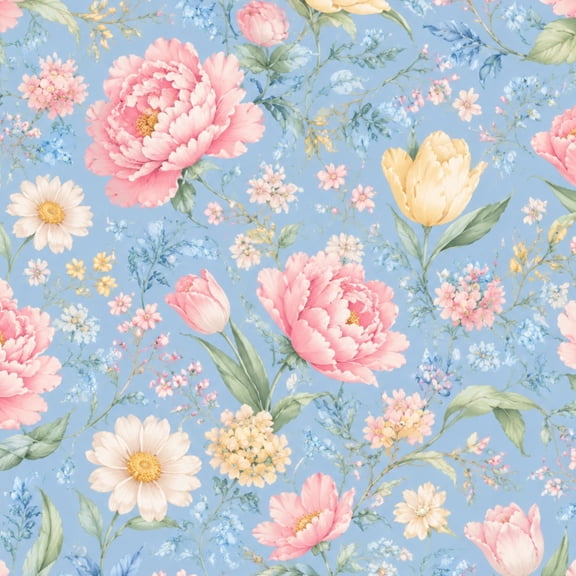 Chinoiserie Peel and Stick Wallpaper Pastel Floral Peonies Tulips Daisies Light Blue Wall Mural 17.7in x 9.8ft Self Adhesive Removable Wall Paper for Dining Room Mahjong Game Room