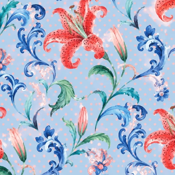 Chinoiserie Peel and Stick Wallpaper Red Lily Floral Blue Baroque Accents Light Blue Polka Dot Wall Mural 17.7in x 9.8ft Self Adhesive Removable Wall Paper for Dining Room Mahjong Game Room