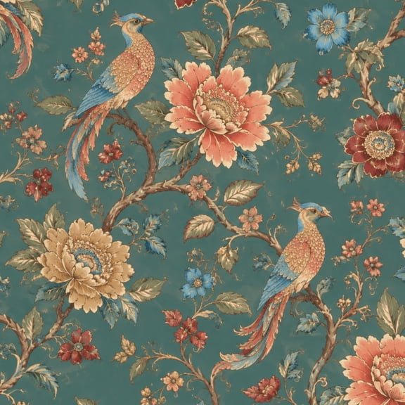 Chinoiserie Peel and Stick Wallpaper Vintage Botanical Bird Floral Peonies Branches Teal Wall Mural 17.7in x 9.8ft Self Adhesive Removable Wall Paper for Dining Room Mahjong Game Room
