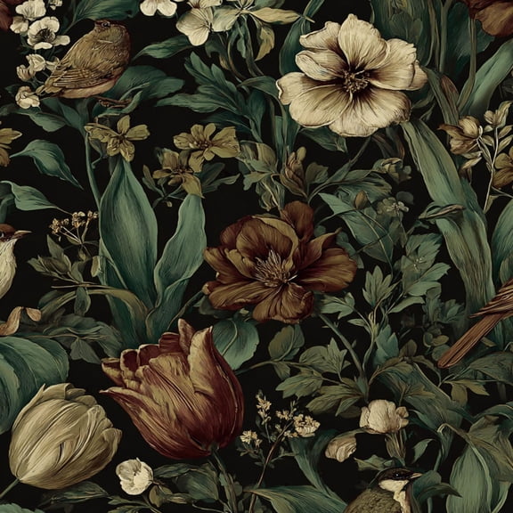 Chinoiserie Peel and Stick Wallpaper Vintage Floral Birds Blooms Dark Wall Mural 23.6in x 9.8ft Self Adhesive Removable Wall Paper Floral Contact Paper for Bedroom Walls Cabinet Locker