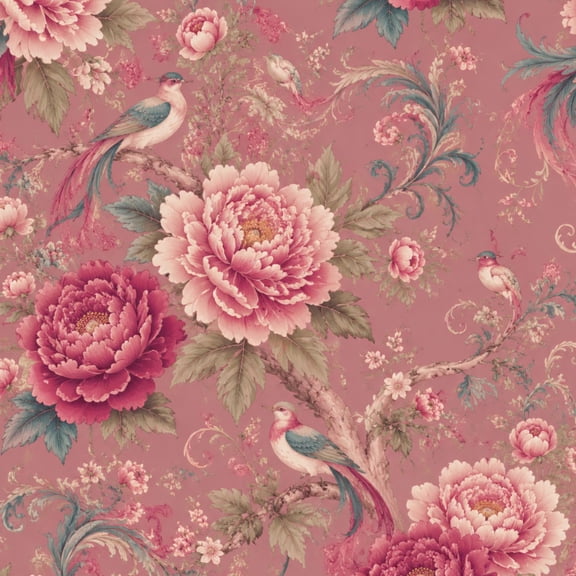 Chinoiserie Peel and Stick Wallpaper Vintage Floral Birds Pink Peonies Dusky Rose Wall Mural 17.7in x 9.8ft Self Adhesive Removable Wall Paper for Living Dining Room Mahjong Game Room