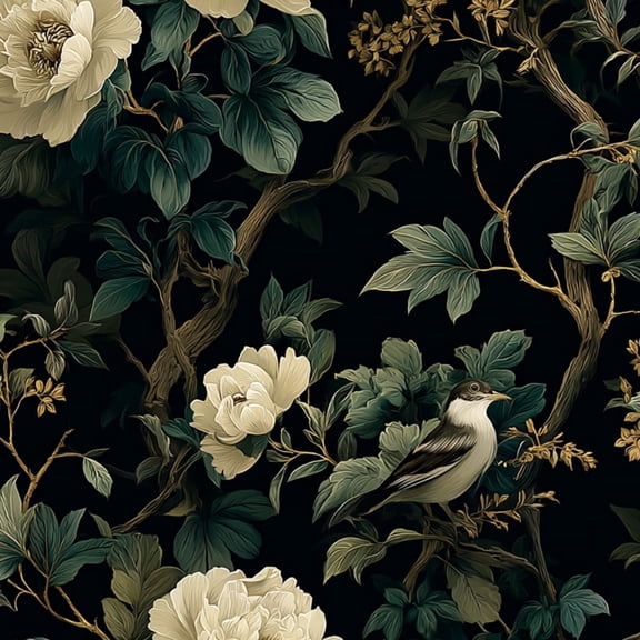 Chinoiserie Peel and Stick Wallpaper Vintage Floral Design White Peonies Birds Dark Wall Mural 23.6in x 9.8ft Self Adhesive Removable Wall Paper Floral Contact Paper for Bedroom Cabinet Locker