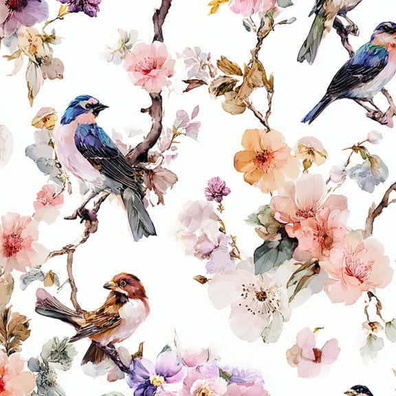 Chinoiserie Peel and Stick Wallpaper Watercolor Birds Blossoming Flowers Pastel Botanical Style Wall Mural 17.7in x 9.8ft Self Adhesive Removable Wall Paper Renter Friendly Wallpaper for Bedroom