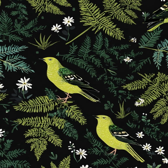 Chinoiserie Peel and Stick Wallpaper Yellow Birds Among Green Ferns White Flowers Dark Wall Mural 23.6in x 9.8ft Self Adhesive Removable Wall Paper Floral Contact Paper for Bedroom Cabinet Locker
