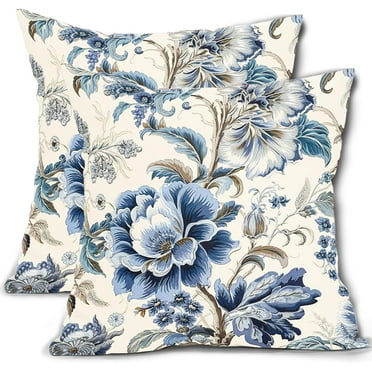 Chinoiserie Pillow Cover 16x16 Inch Vintage Blue Flower Throw Pillow Covers Spring Summer Floral Outdoor Pillow Cases Cotton Linen Cushion Covers for Couch Sofa Bedroom Chinoiserie Decor (Pack of 2)