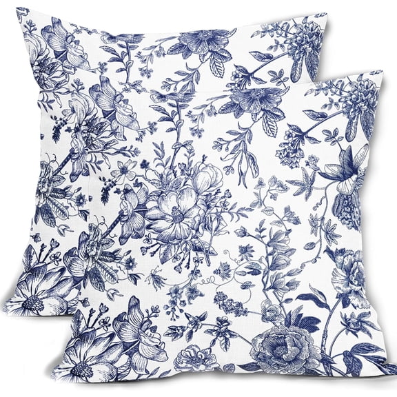 Chinoiserie Pillow Cover 18x18 Inch Set of 2 Blue and White Flower Decoration Throw Pillow Covers Vintage Floral Outdoor Pillowscase Linen Cushion Covers for Sofa Couch Bedroom Home Decor