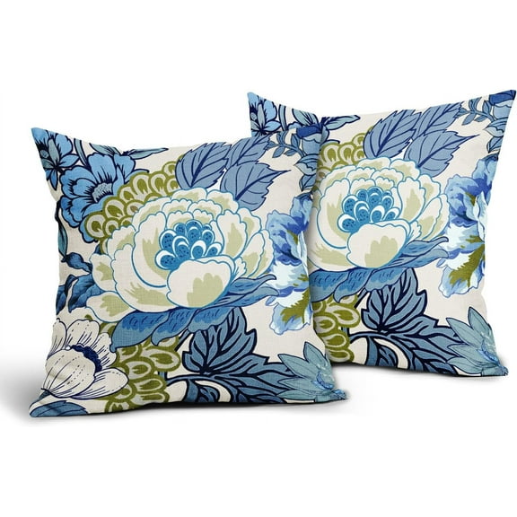 Chinoiserie Pillow Cover 20x20 Inch Set of 2 Teal Flower Navy Blue Throw Pillow Covers Floral Outdoor Farmhouse Pillowscase Linen Square Cushion Covers for Sofa Couch Bedroom Living Room Decoration