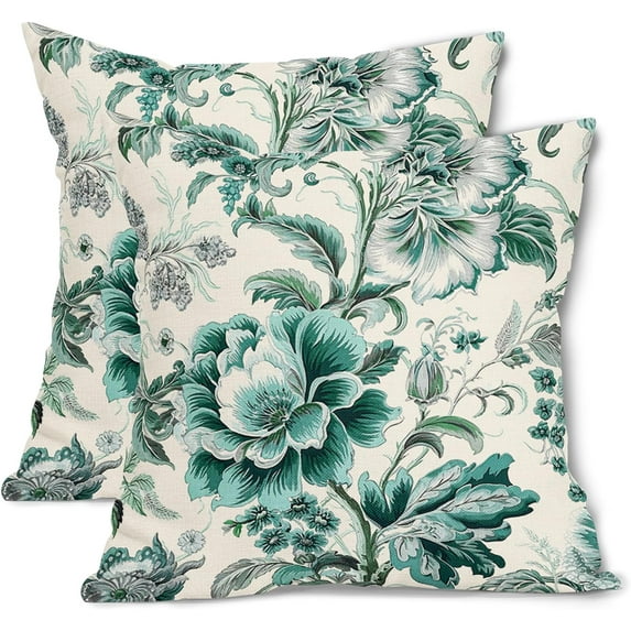 Chinoiserie Pillow Cover 20x20 Inch Spring Vintage Sage Green Floral Decorative Outdoor Throw Pillow Covers Flower Cotton Linen Farmhouse Cushion Covers for Couch Sofa Bedroom Home Decor (Pack of 2)