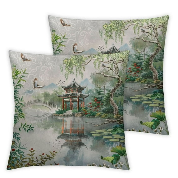 Chinoiserie Pillow Cover Set , Asian Scenic Green Velvet Decorative Throw Pillow Case Cushion Cover for Bedroom Sofa Living Room Couch Chair Office 1 set of 2, various sizes