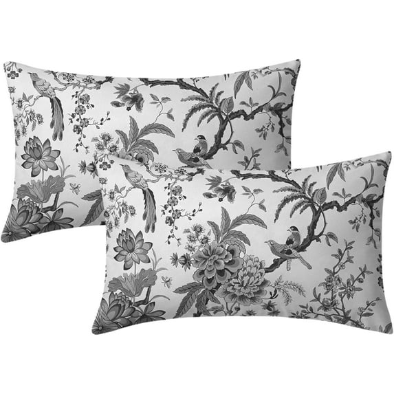 Chinoiserie Pillow Covers 12x20 Inch Set of 2 Black White Gray Floral Birds Decorative Throw Pillows Rustic Vintage Flowers Pillow Cases Cotton Rectangle Cushion Cover Decor for Couch Bed Sofa