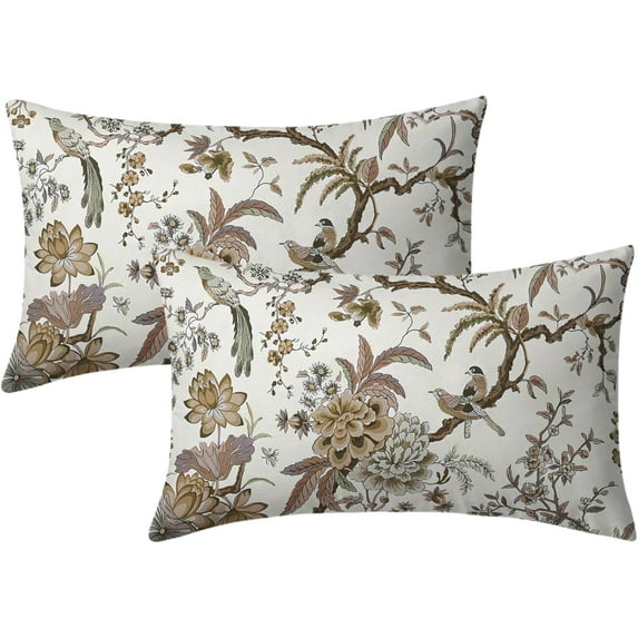 Chinoiserie Pillow Covers 12x20 Inch Set of 2 Brown White Floral Birds Decorative Throw Pillows Rustic Vintage Flowers Pillow Cases Cotton Rectangle Cushion Cover Decor for Couch Bed Sofa