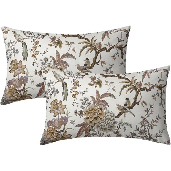 Chinoiserie Pillow Covers 12x20 Inch Set of 2 Brown White Floral Birds Decorative Throw Pillows Rustic Vintage Flowers Pillow Cases Cotton Rectangle Cushion Cover Decor for Couch Bed Sofa