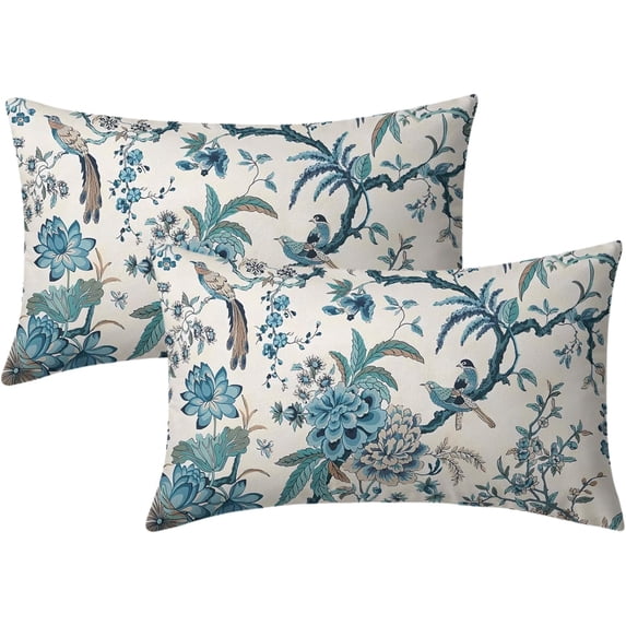 Chinoiserie Pillow Covers 12x20 Inch Set of 2 Teal Aqua Blue Floral Birds Decorative Throw Pillows Rustic Vintage Flowers Pillow Cases Cotton Rectangle Cushion Cover Decor for Couch Bed Sofa